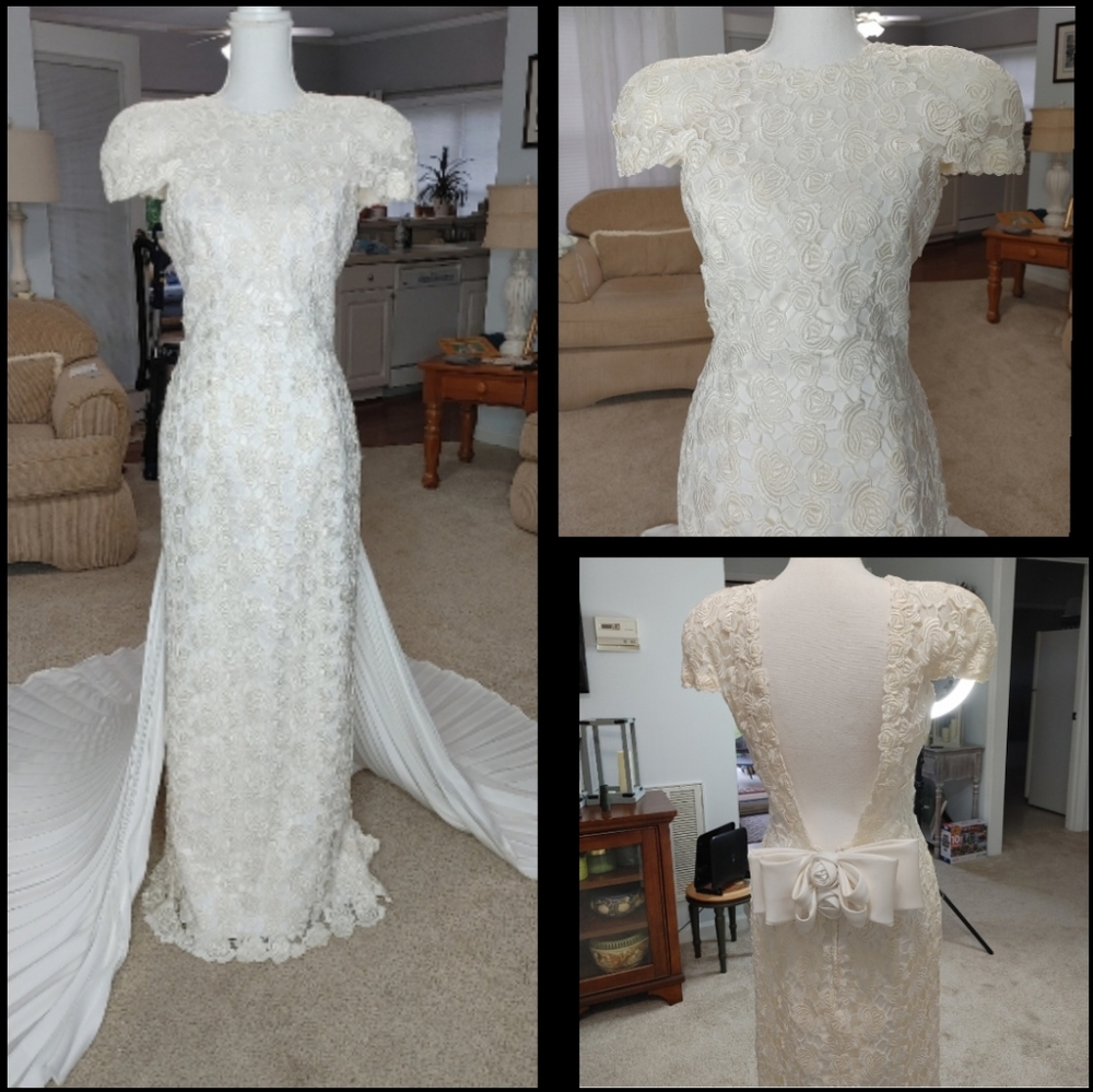 VINTAGE 90'S DEMETRIOS LACE OVERLAY WEDDING DRESS WITH TRANE, OFF-WHITE/WHITE 10